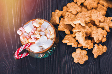 Ceramic mug with marshmallows and biscuit cookies on a plate