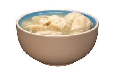 Deep plate with dumplings in broth