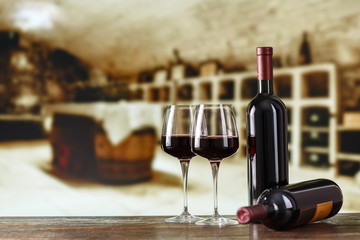 red wine in glasses against the background of the tasting room