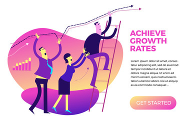 Illustration for presentation, web, landing page: a team of businessmen and a businesswoman are building a growth chart.