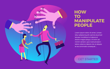 Business infographics with illustrations of business situations. Businessman and businesswoman puppet dolls are controlled by the hands of the strings. Manipulation of company. Political influence. 