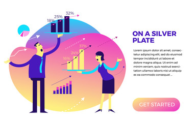 Business infographics with illustrations of business situations. Businessman and businessman showing charts on silver dish. Decision making, project selection, sales leadership. 