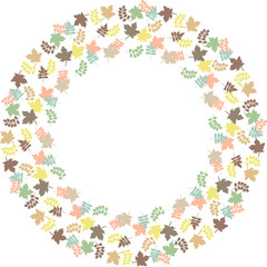Floral round frame from autumn leaves. Greeting card template. Design artwork for the poster, tee shirt, pillow, home decor. October leaves of maple, rowan, ash.