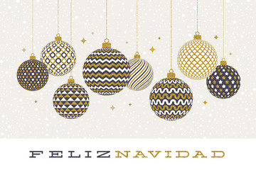 Feliz navidad - Christmas greetings in Spanish - patterned golden baubles on a white  background. Vector illustration.