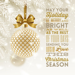 Christmas greeting card - patterned golden bauble with glitter gold bow hanging on a christmas tree and type design greeting. Vector illustration.