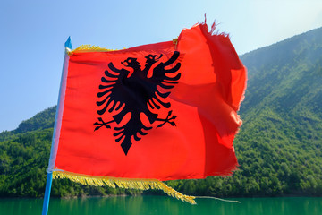 Albania, Shkoder, Komen Lake, Albanian Flag
