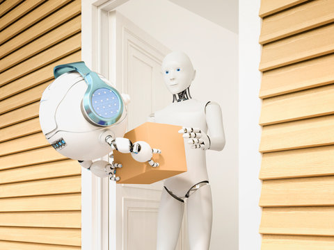 D Rendering, Little drone delivering parcel to a robot