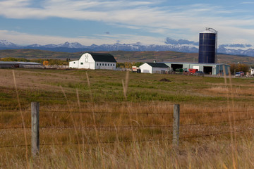Alberta farmland in the Canadian Rocky Mountains foothills with view of the house, barn, silo, wooden posts and wire fence and field of grass and hay.