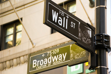 Obraz premium Street signs at the intersection of Wall St. and Broadway in Manhattan, New York