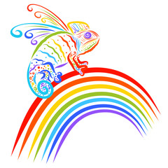 Obraz premium Funny dragon, winged chameleon sitting on a rainbow