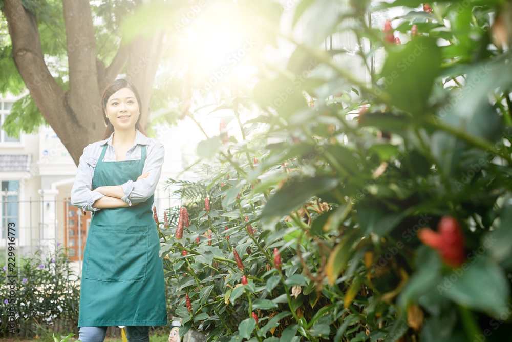 Wall mural portrait of asian young woman standing in apron and admiring her green garden