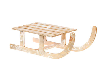 Kids white painted vintage wooden sledge isolated on white background