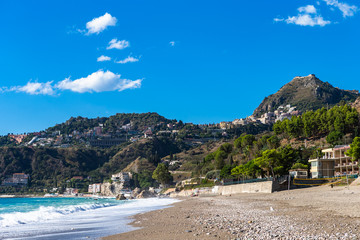 Fototapeta na wymiar Letojanni. Nestled to the north of Taormina, Letojanni is a popular coastal resort. Sicily, Italy.