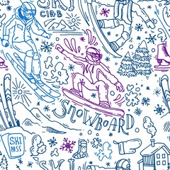 Beautiful hand drawn vector seamless pattern winter sport. Skiin