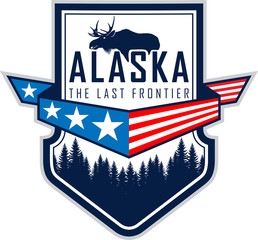 Alaska vector label with flag, woodland forest and moose