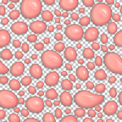 Pink drops of slime isolated background. Realistic bubblegum bubbles of different shapes. Seamless pattern of cosmetic cream. Popular kids sensory toy vector illustration. Chewing gum glossy drops.