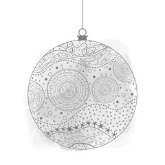 Christmas tree toy on white. Happy New Year. Watercolor spot. Hand drawn xmas ball with abstract patterns on isolation background. Line art. Black and white illustration