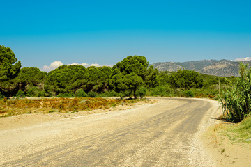 Fototapeta na wymiar Country gravel road goes to forest and mountains, minimalism, nobody, clean background