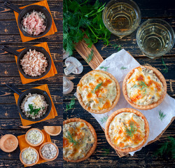 Collage of step-by-step cooking of tartlets with mushrooms, chicken and cheese, recipe, culinary concept