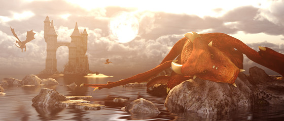 Fototapeta premium 3d Fantasy smok spoczywa na skale, kiedy odpływ w mitycznej wyspie, koncepcja i pomysły banner fikcji