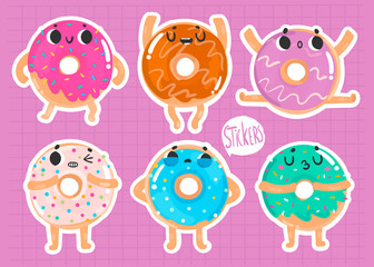Hand drawn donuts with various emotions. Colored vector sticker set. All elements are isolated