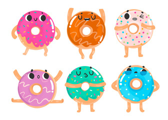 Hand drawn donuts with various emotions. Colored vector set. All elements are isolated