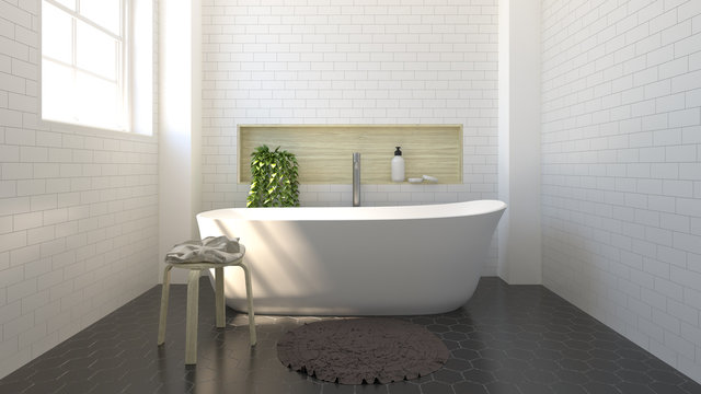 modern bathroom interior design,sink,toilet,shower,home 3D rendering for copy space background white tile bathroo and Ornamental Plants on the black tile floor