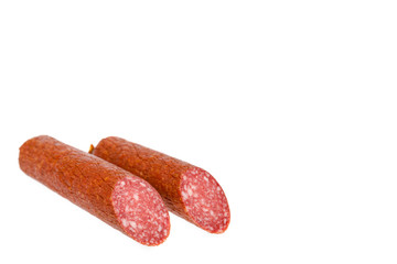 smoked salami sausage piece isolated on white background, copy space template