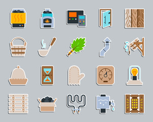 Sauna Equipment patch sticker icons vector set