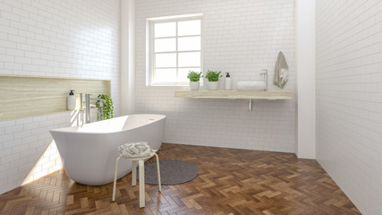 modern bathroom interior design,sink,toilet,shower,home 3D rendering for copy space background white tile bathroo and Ornamental Plants on the wooden floor