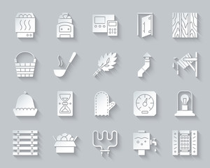 Sauna Equipment simple paper cut icons vector set