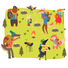 Fototapeta premium Animals travelling and camping set, cute animals and birds characters having hiking adventure travel vector Illustration