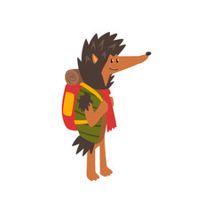Hedgehog travelling with backpack, cute cartoon animal having hiking adventure travel or camping trip vector Illustration on a white background