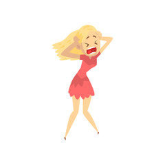 Scared and panicked girl with her hands on the head, emotional young woman afraid of something vector Illustration on a white background