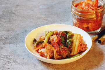 Homemade kimchi close up, selective focus