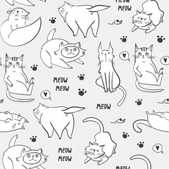Hand drawn various cats. Graphic vector seamless pattern