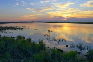 Magical sunset on the Simmi river. Bolon Nature Reserve. Khabarovsk region, far East, Russia.