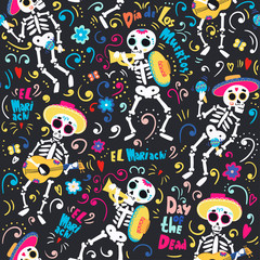 Day of the dead. Band of mariachi skeletons. Colored vector seamless pattern
