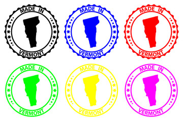 Made in Vermont - rubber stamp - vector, Vermont (United States of America) map pattern - black, blue, green, yellow, purple and red