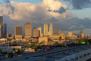 wide angle of the cityscape of downtown miami florida on an early summer morning