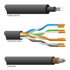 Fiber Optic Coaxial and Twisted Pair Network Cables Vector Illustration