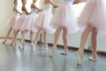 Fototapeta na wymiar Ballerinas having practice near ballet barre at hall