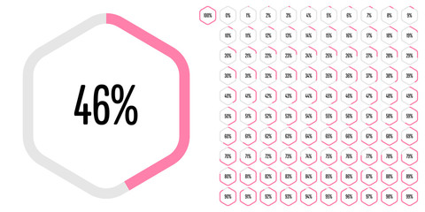 Set of hexagon percentage diagrams (meters) from 0 to 100 ready-to-use for web design, user interface (UI) or infographic - indicator with pink