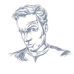 Vector drawing of suspicious man with short hair. Black and white portrait of attractive skeptic guy.