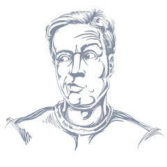 Monochrome vector hand-drawn image, young man in doubt, disbeliever. Black and white illustration of skeptic guy.