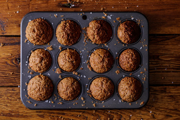 Ready to eat Bran muffins on a baking tray