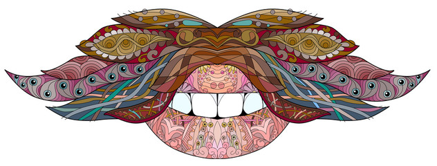 Mustache and mouth ornate sketch for your design. Drawing, floral