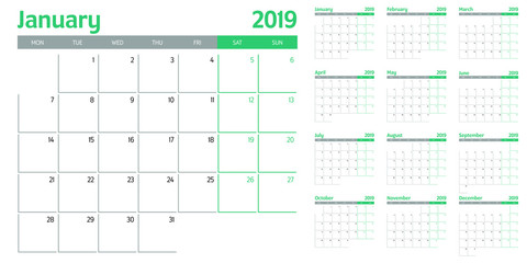 Calendar planner 2019 template vector illustration all 12 months week starts on Monday and indicate weekends on Saturday and Sunday