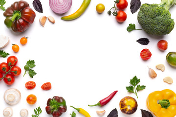 Organic assorted vegetables frame on white background