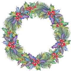 Christmas wreath with red holly berries and pine branches. Watercolor on white background.